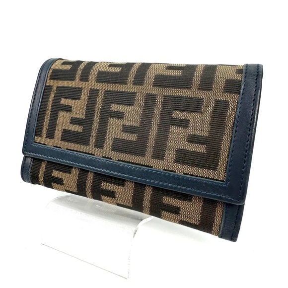 Fendi Handbags - FENDI Wallet Trifold Purse Zucca Leather Brown/ Navy Authentic